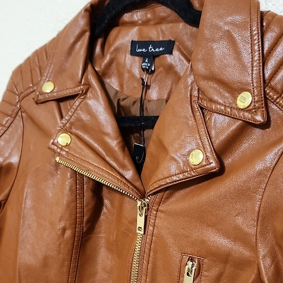 Love Tree Brown and Gold Leather Motorcycle Jacket - Picture 4 of 14